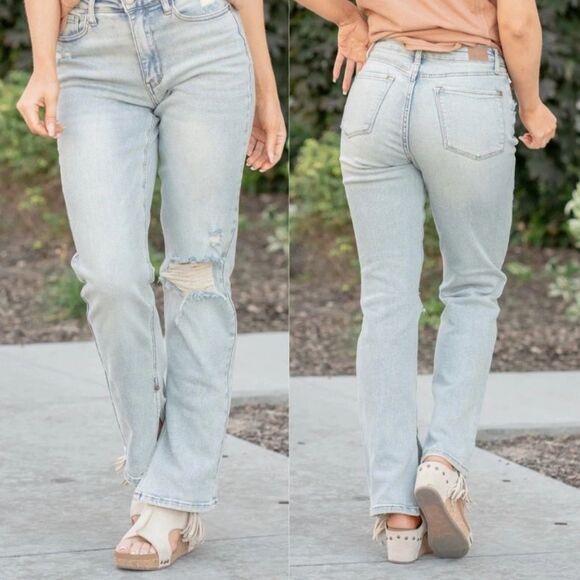 Judy Blue Adrian Jeans 13/31 High Rise Split Hem Straight Distressed Light Wash - Picture 1 of 12